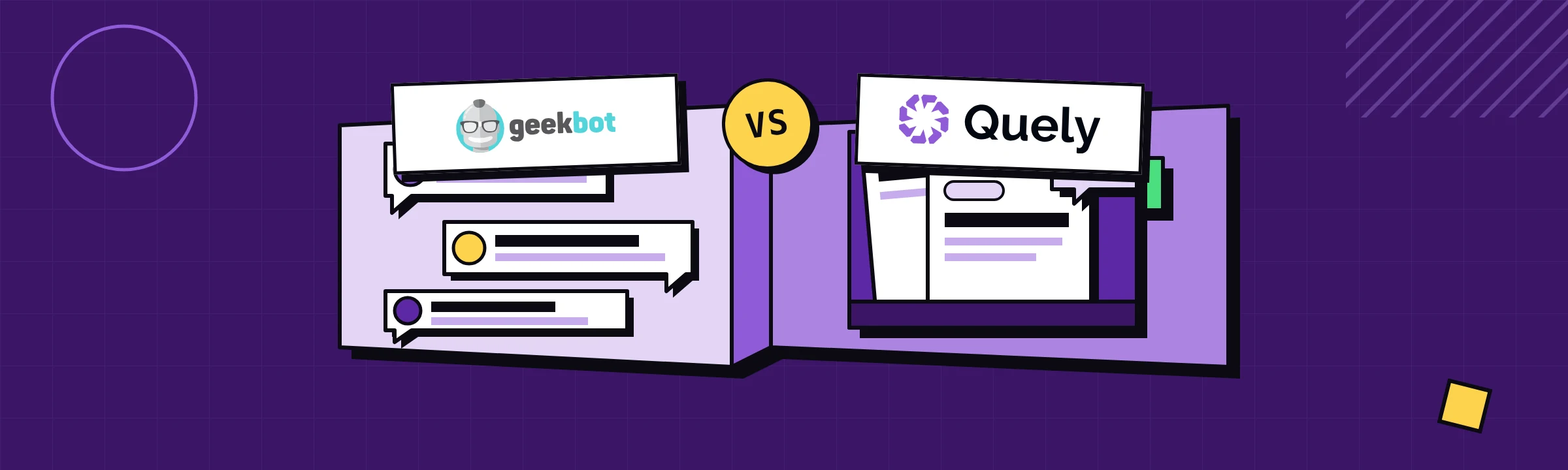 Geekbot and Quely logos above a folded conversation ribbon and a work dossier.