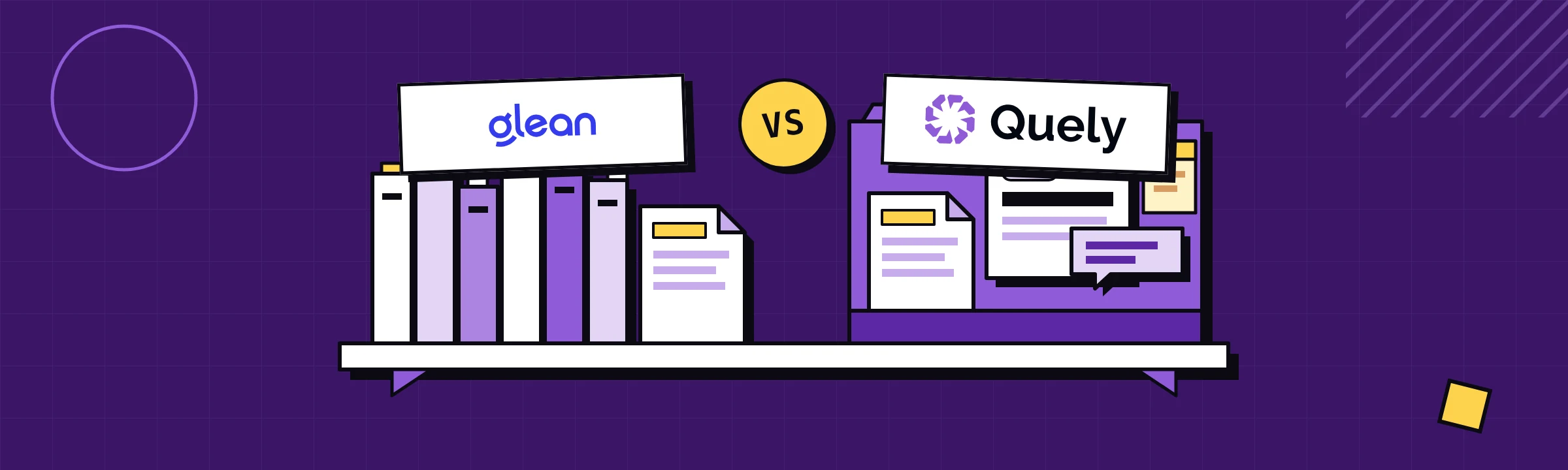 Glean and Quely logos above a document shelf and an initiative dossier.