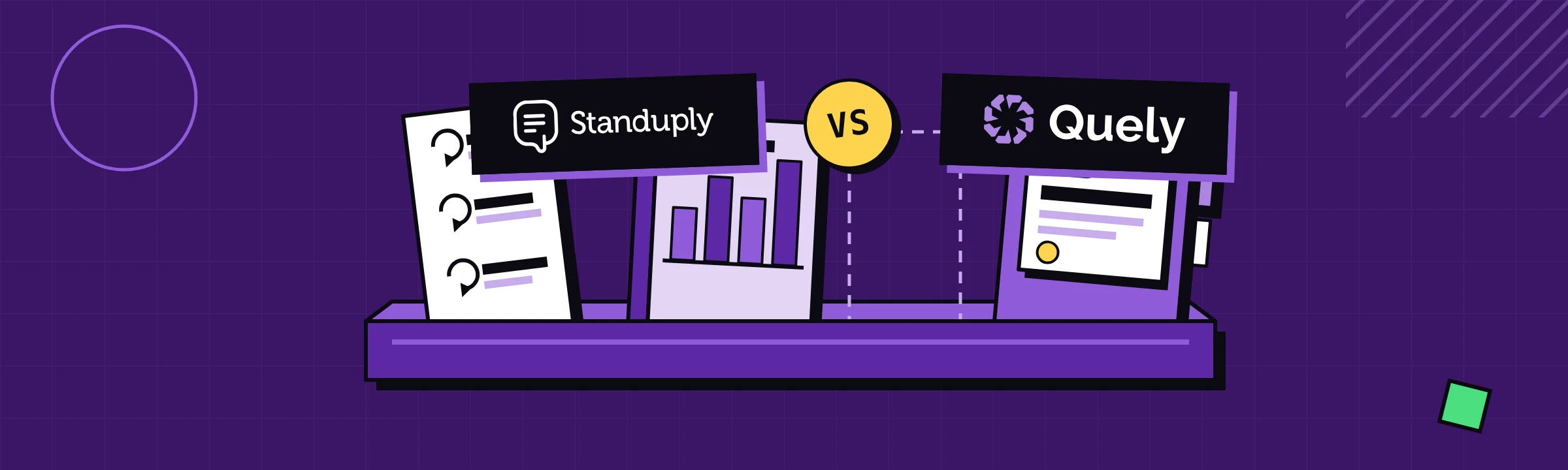 Standuply and Quely logos above a selection tray with three work artifacts.