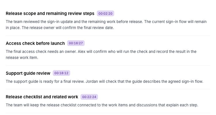 A Quely meeting record keeps its summary and other meeting information together.