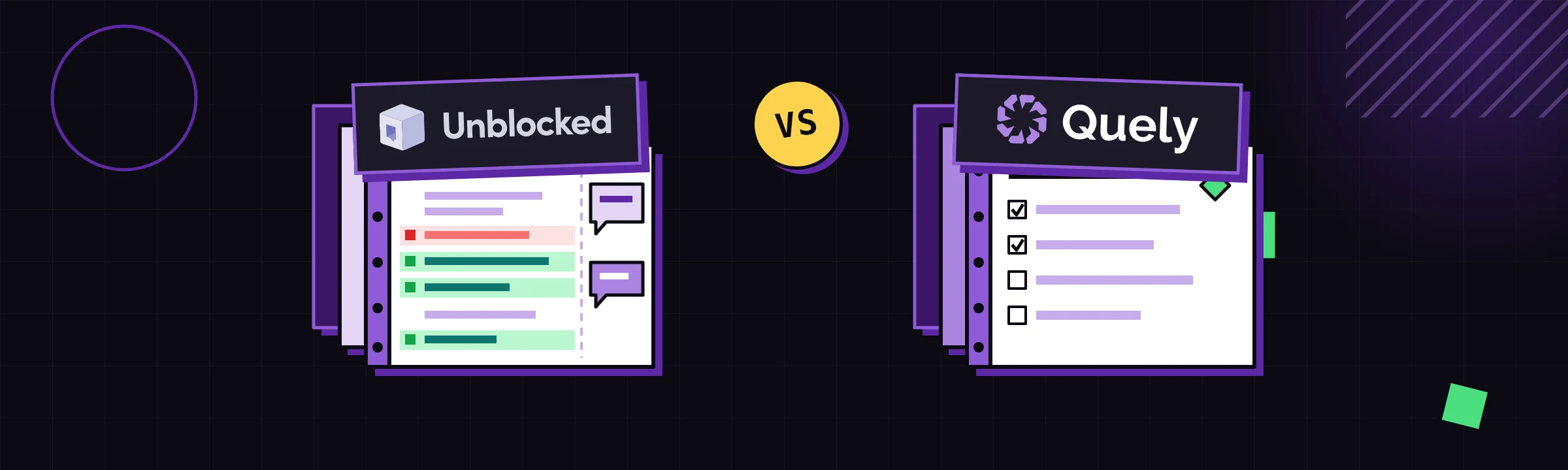 Unblocked and Quely logos above a code-review folio and a team work dossier.
